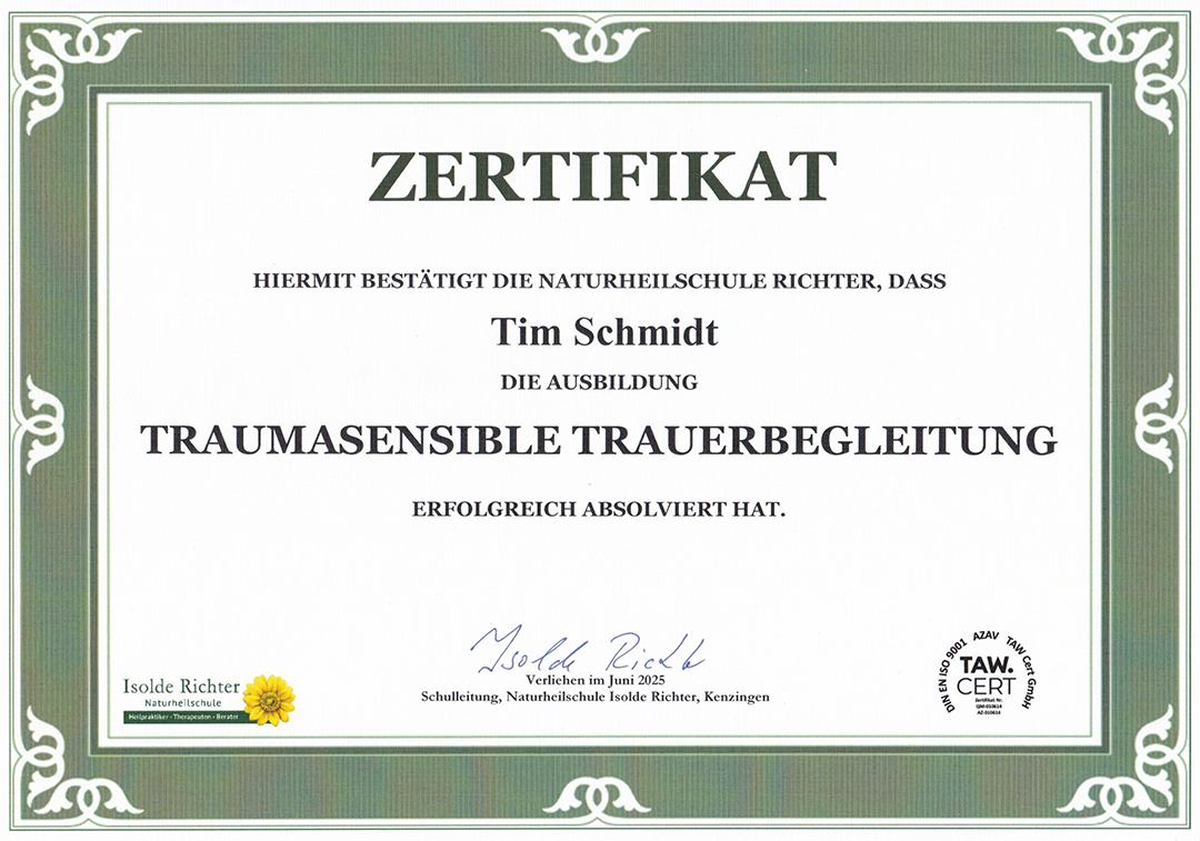 Zertifikat Traumasensible Trauerbegleitung der Heilpraktikerschule Isolde Richter