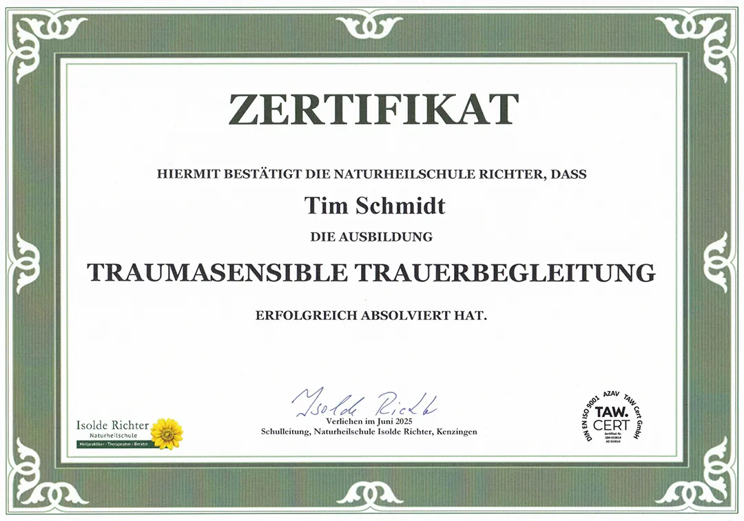 Zertifikat Traumasensible Trauerbegleitung der Heilpraktikerschule Isolde Richter
